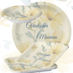 Blasse Butter Gelbe weiche blaue Blütenblume Hochz Pappteller