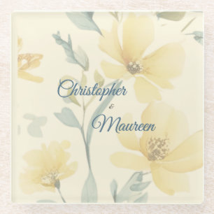 Blasse Buttergelbe Sanfte Blaue Florale Hochzeit Glasuntersetzer