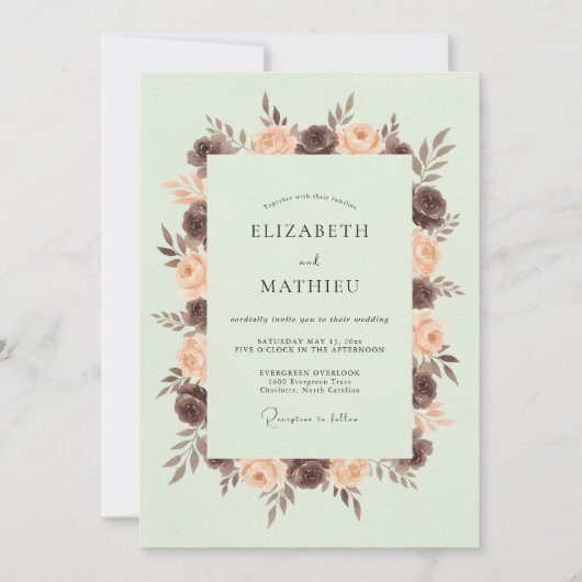 Blasse Grüne Hochzeit mit Blumen Einladung (Vorderseite)