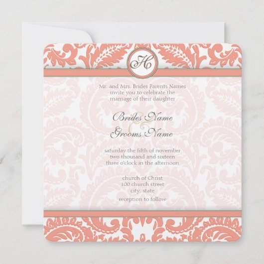 Blasse Korallen & Gray Damask Hochzeitseinladungen Einladung (Vorderseite)