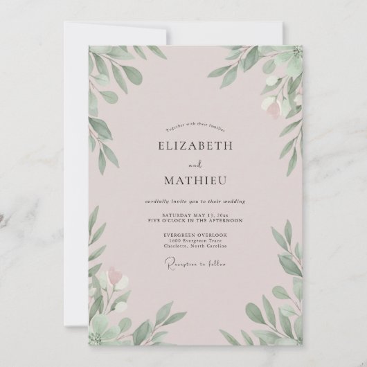 Blasse Mauve-Blatt-Hochzeit Einladung (Vorderseite)