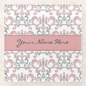 Blasse Pastellrosa-und Grau-Arabeske auf Weiß Glasuntersetzer (Vorderseite)