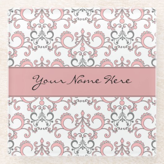 Blasse Pastellrosa-und Grau-Arabeske auf Weiß Glasuntersetzer (Vorderseite)