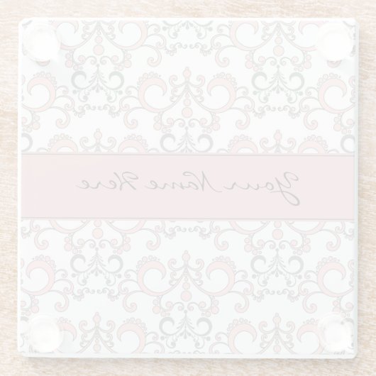 Blasse Pastellrosa-und Grau-Arabeske auf Weiß Glasuntersetzer (Rückseite)