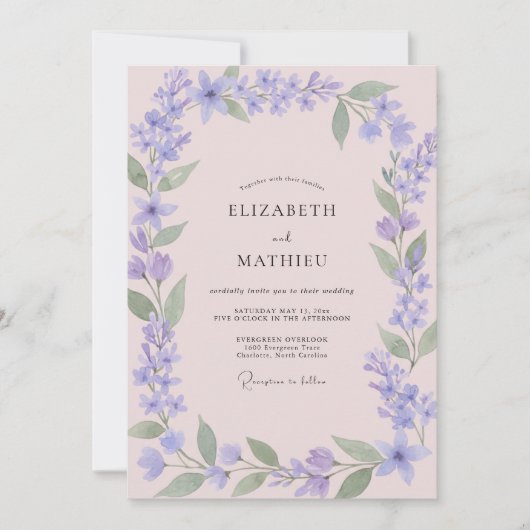Blasse rosa Immergrün-Wildblumen-Hochzeit Einladung (Vorderseite)