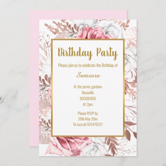 Blasse Rose Blumenstrauß Gold Trimm Geburtstag Wei Einladung (Vorne/Hinten)