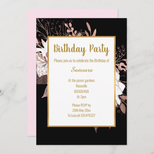 Blasse Rose Blütengoldtrick Birthday Black Einladung (Vorne/Hinten)