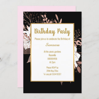 Blasse Rose Blütengoldtrick Birthday Black Einladung