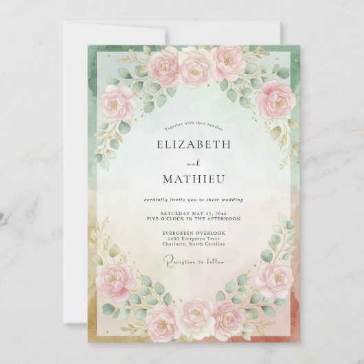Blasse Röte-Mint-Pfingstrosen-Hochzeit Einladung (Vorderseite)