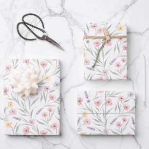 Blasse Wasserfarben-Stil-Blumen Rosa Lila Gelb Geschenkpapier Set