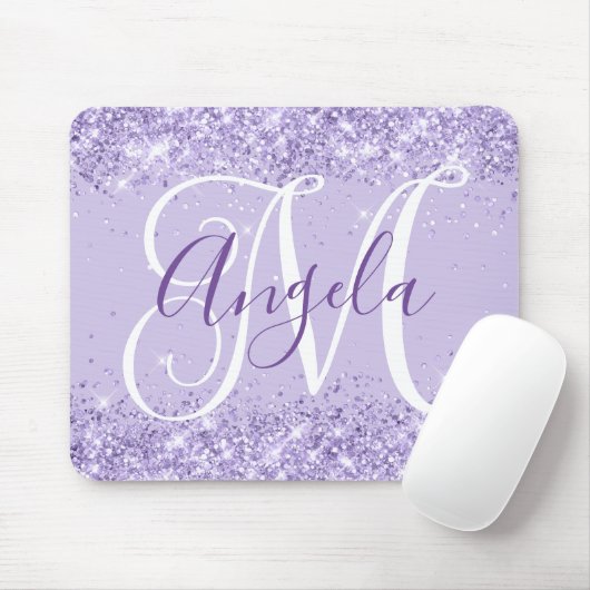 Blasser Lavender Glitzer Elegantes Script Monogram Mousepad (Mit Mouse)