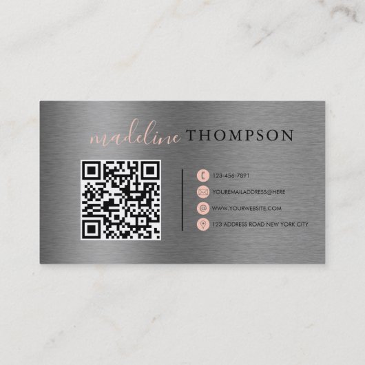 Blasser Orange Metallic Brush Steel Script QR Code Visitenkarte (Rückseite)