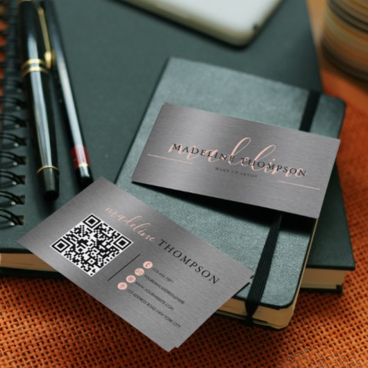 Blasser Orange Metallic Brush Steel Script QR Code Visitenkarte