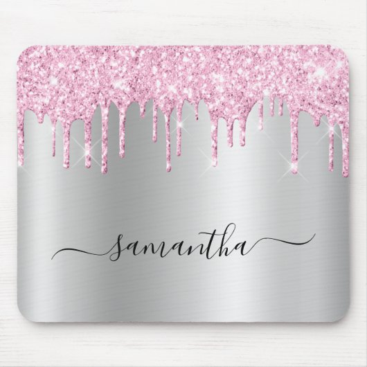 Blasser Rosa Glitter-Tropfen Silber-Schimmer Mousepad (Vorne)