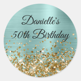 Blasser Turquoise Foil Gold Glitzer 50. Geburtstag Runder Aufkleber