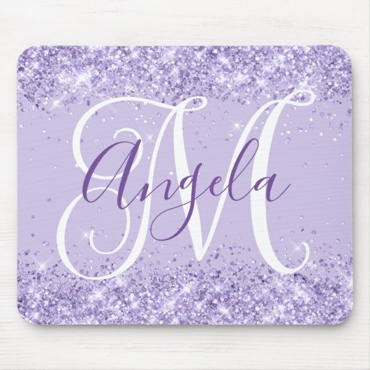 Blasses Lavendel-Glitter Elegantes Skript-Monogram Mousepad (Vorne)
