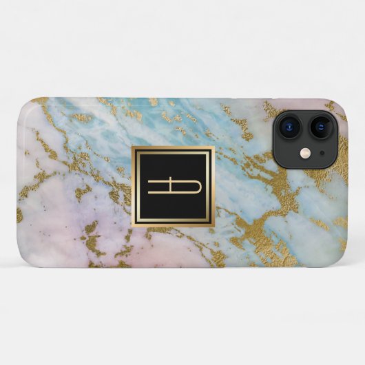 Blasses MarmorgoldTürkis-Monogramm Case-Mate iPhone Hülle (Rückseite (Horizontal))