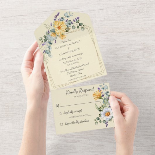 Blassgelb mit Wildblumen All In One Einladung (Abreißen)