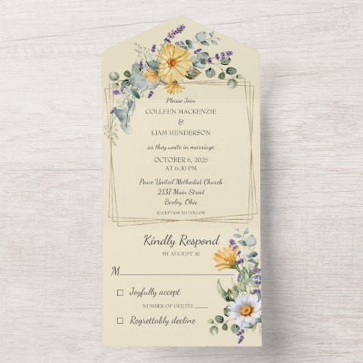 Blassgelb mit Wildblumen All In One Einladung (Innen Boden)