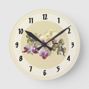 Blassgelb und Magenta Phalaenopsis Orchideen Runde Wanduhr