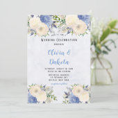 Blassgelbe Dusty Blue Botanical Peony Wedding Einladung (Stehend Vorderseite)