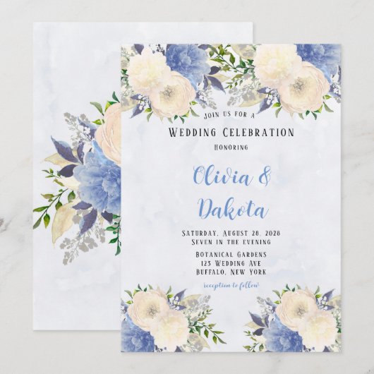 Blassgelbe Dusty Blue Botanical Peony Wedding Einladung (Vorne/Hinten)