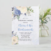 Blassgelbe Dusty Blue Peony Bridesmaids Luncheon Einladung (Stehend Vorderseite)