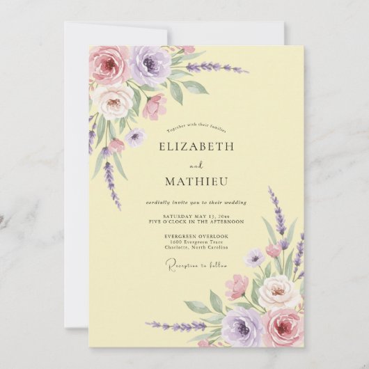 Blassgelbe lila blättrige Hochzeit Einladung (Vorderseite)
