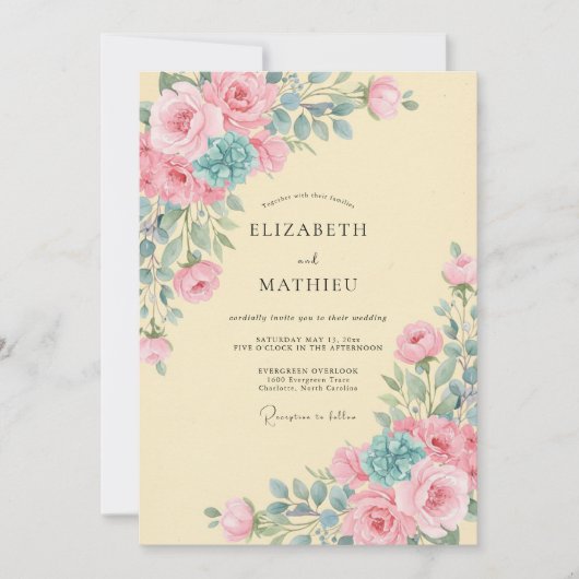 Blassgelbe Türkisblaue Blütenblätter-Hochzeit Einladung (Vorderseite)