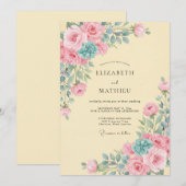 Blassgelbe Türkisblaue Blütenblätter-Hochzeit Einladung (Vorne/Hinten)
