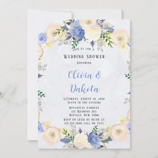 Blassgelber, blauer Peony Polterabend Einladung (Vorderseite)