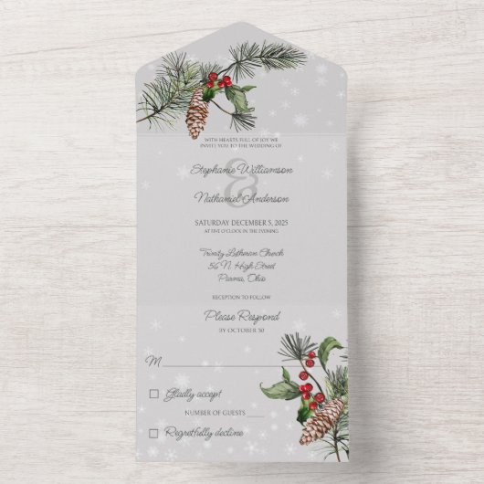 Blassgraue Pine & Holly im Schnee All In One Einladung (Innen Boden)