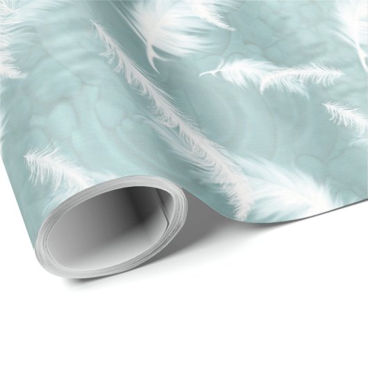 Blassgrün/hellblau mit weißen Federn Geschenkpapier (Rolleneckpunkt)