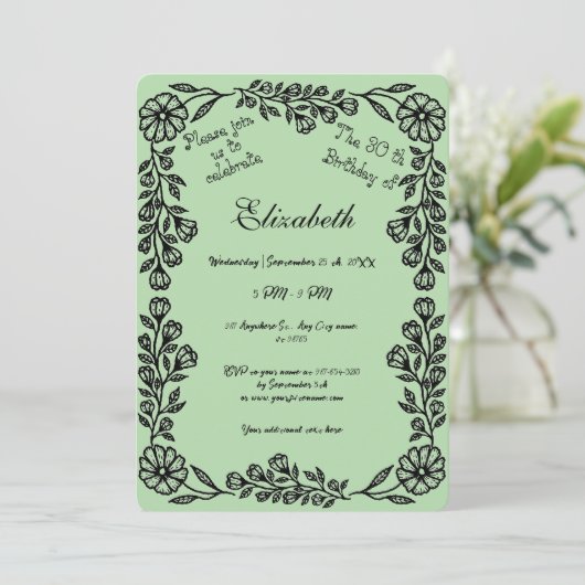 Blassgrün und schwarz Botanisches Flor 30. Geburts Einladung (Stehend Vorderseite)