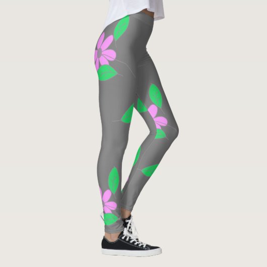 Blassgrüne Blätter Rosa Blume Sketch Leggings (Rechts)