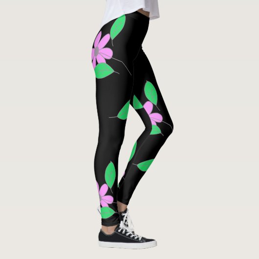 Blassgrüne Blätter Rosa Blume Sketch Leggings (Rechts)
