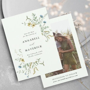 Blassgrüne delikate Wildblume Boho Wedding Foto Save The Date