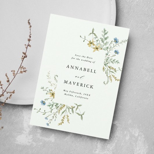 Blassgrüne delikate Wildblume Boho Wedding Foto Save The Date