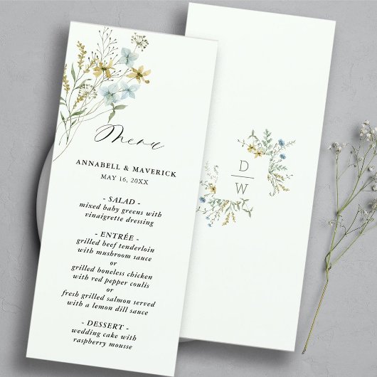 Blassgrüne delikate Wildblume Moderne Boho Wedding Menükarte