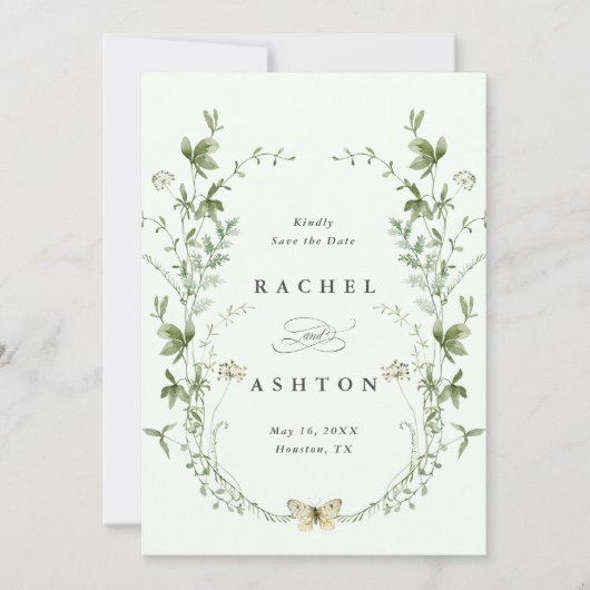 Blassgrüne Elegante Wildblume Hochzeit Save The Date (Vorderseite)