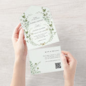 Blassgrüne Elegante Wildblume QR Code Hochzeit All In One Einladung (Abreißen)