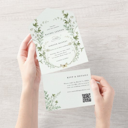 Blassgrüne Elegante Wildblume QR Code Hochzeit All In One Einladung (Abreißen)