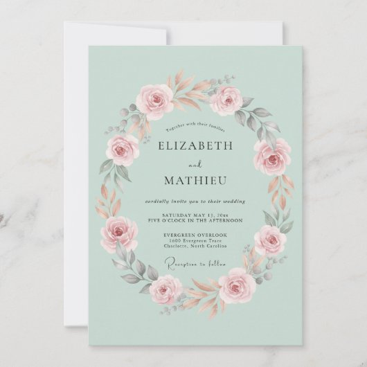 Blassgrüne florale Hochzeit Einladung (Vorderseite)