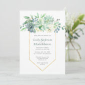 Blassgrüne Sukkulente & Blume Hochzeit Einladung (Stehend Vorderseite)