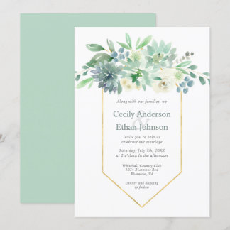 Blassgrüne Sukkulente & Blume Hochzeit Einladung