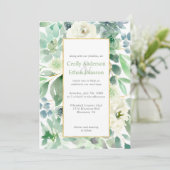 Blassgrüne Sukkulente und weiße Blume Goldhochzeit Einladung (Stehend Vorderseite)