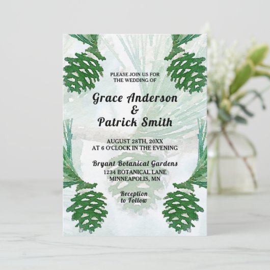 Blassgrüne Winterpine Cone Hochzeit Einladung (Stehend Vorderseite)
