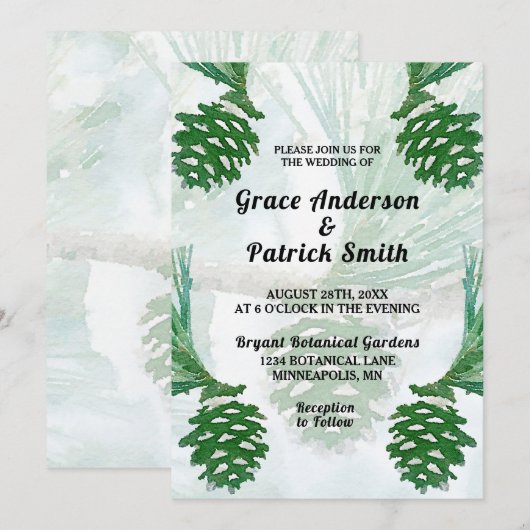 Blassgrüne Winterpine Cone Hochzeit Einladung (Vorne/Hinten)