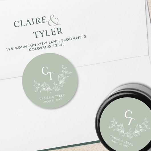 Blassgrüner Hochzeitstundenmonogramm-Umschlag Aufk Runder Aufkleber