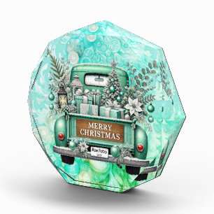 Blassgrüner Vintager Lkw Frohe Weihnachten Fotoblock